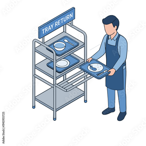 A man returns trays with dishes from a cafeteria to a metal shelving unit.