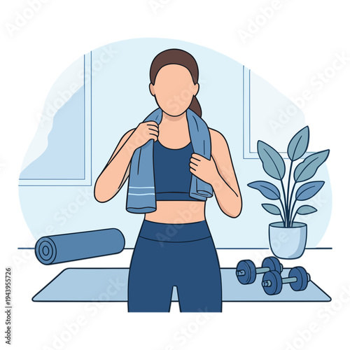 Woman exercising at home with yoga mat and dumbbells in fitness gear