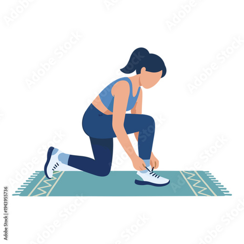 Woman stretching on a yoga mat while tying her shoelace indoors