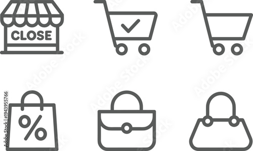 Ecommerce retail and shopping icons set, store closed sign, shopping cart, discount bag and fashion handbags