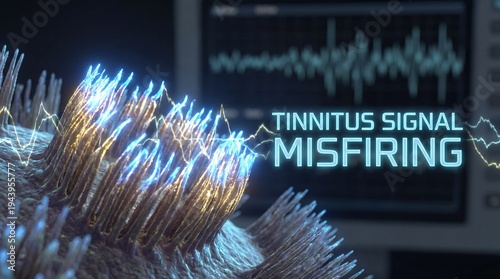 Medical animation showing tinnitus in ear canal concept. Visual representation of tinnitus signal misfiring in the brain.
