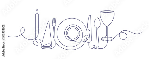 Continuous line drawing of plate with fork and knife, glass of wine and candle. Cutlery illustration for restaurant, dining concept, food service design or kitchen with single stroke. Vector emblem