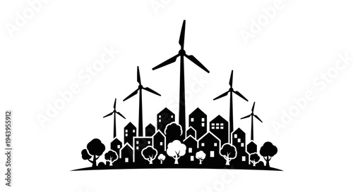 Sustainable Cityscape with Wind Turbines and Greenery.