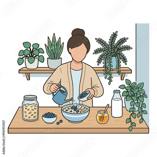 Woman pouring milk on cereal with blueberries on a kitchen table surrounded by plants