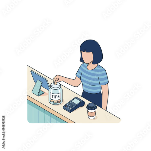 Woman deposits money into tips jar at restaurant counter with cash register.