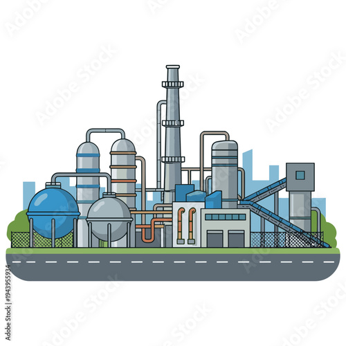 Industrial factory complex with smokestack and machinery near road