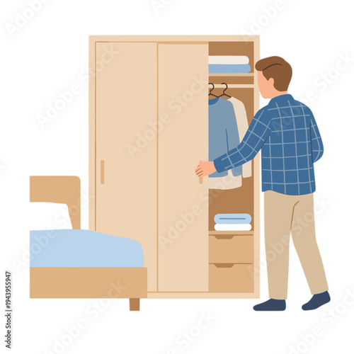 Man opens wardrobe in bedroom with clothes and bed nearby