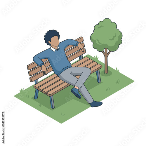 Man sitting on a wooden bench in a park with a tree