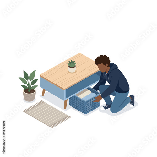 A man kneels to organize documents in a storage box under a wooden table.