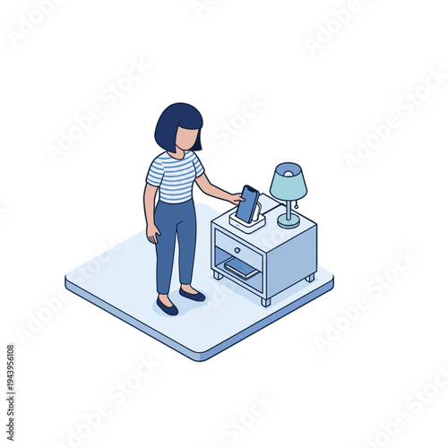 Woman interacting with tablet on office nightstand beside lamp