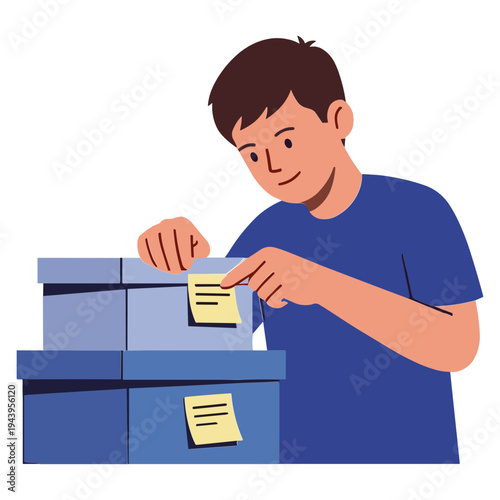 Man places sticky notes on stacked boxes in a room