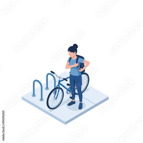 Woman standing with bicycle at bike rack looking at watch.