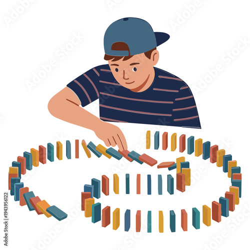 A boy sets up colorful dominos in a winding pattern on the floor.