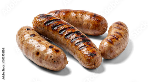 Cuadro en lienzo four delicious grilled sausages with prominent grill marks, presented on a transparent background for versatile integration into food-related graphic designs and marketing materials