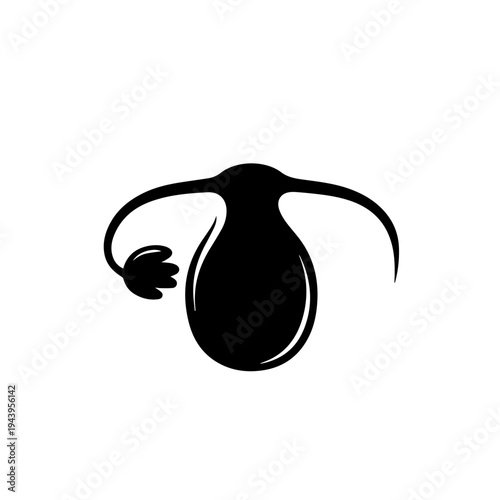 Abstract black silhouette illustration of the female reproductive system, featuring a stylized uterus, fallopian tubes, and a descending egg, symbolizing fertility, women's health, and biology
