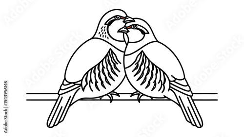 Lovebirds Embrace: A tender line drawing depicts two doves perched together, their beaks touching, symbolizing affection and togetherness. A simple design, which captures love and unity.