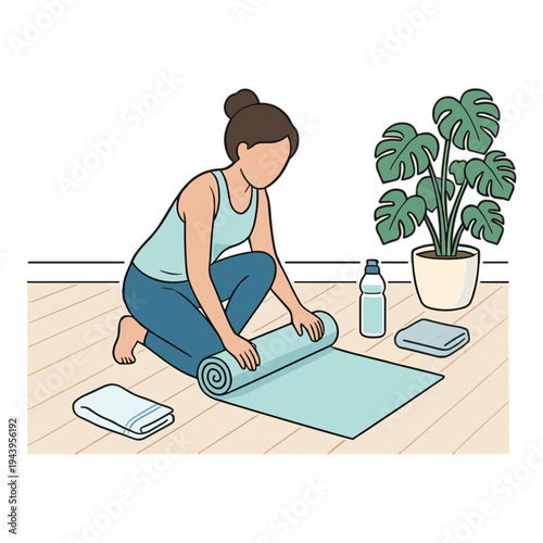 Woman rolling out yoga mat on wooden floor at home with plant