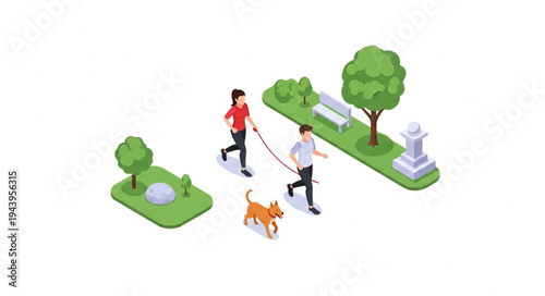 People walking dog in park.