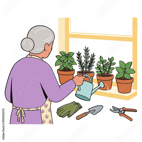 An elderly woman is watering potted plants on a windowsill with gardening tools.
