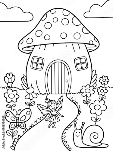 Fairy with butterfly and snail near mushroom house in black and white