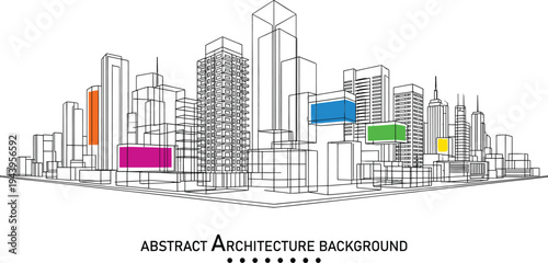 Abstract city skyline vector with simplistic black wireframe buildings and colorful geometric accents on white background.