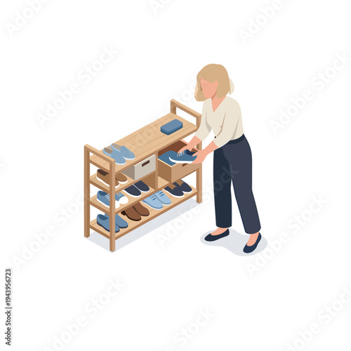 Woman standing beside wooden shoe rack filled with various shoes indoors