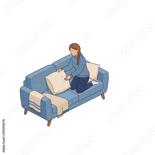 Woman sitting on a blue couch arranging a pillow indoors