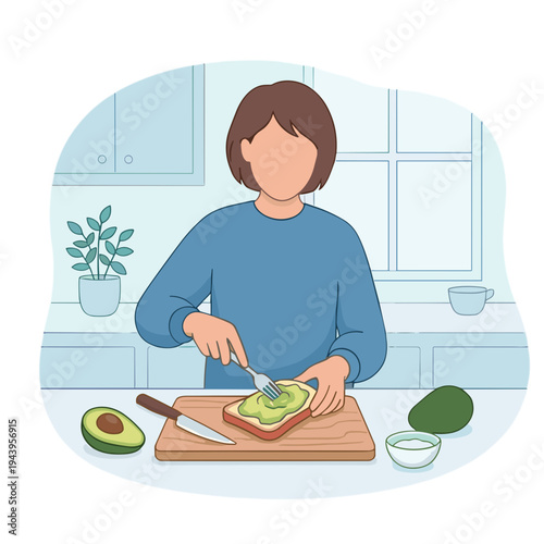 Woman prepares avocado toast in a modern kitchen with fresh ingredients