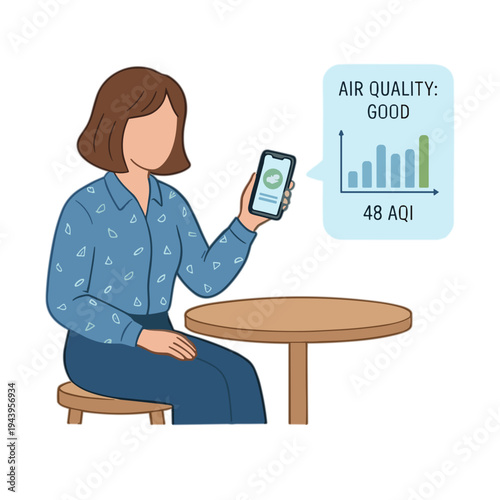 Woman checks air quality on smartphone at outdoor table with good AQI.
