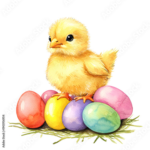 Watercolor cute chick on Easter eggs isolated on transparent background PNG