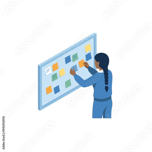 Woman places sticky notes on board in office environment with planning