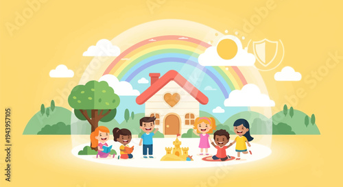 Diverse children playing together outside house.