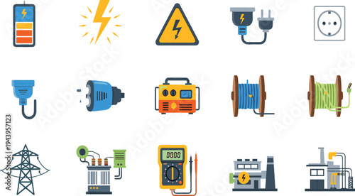 Electricity generation and electrical equipment vector icon set with battery, power plug, generator, transformer, cables, and energy industry symbols