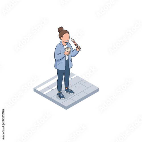 A woman in a blue lab coat examines a robot and a sandwich on a tile floor