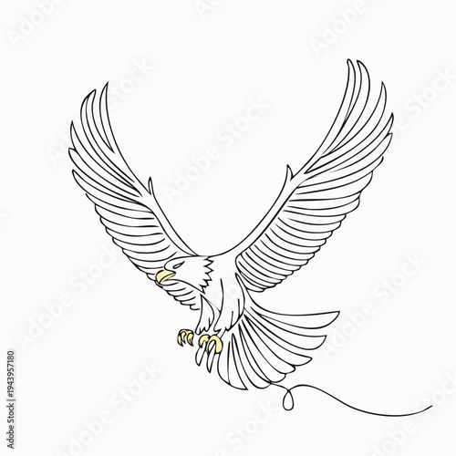 Continuous line drawing of a majestic eagle descending with wings spread wide, showcasing freedom and power
