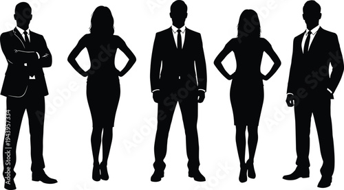 Professional business team men and women in suits blazers dresses, confident standing poses hands on hips, black silhouette vector illustration, corporate group