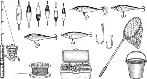 Fishing equipment vintage sketch vector set with rod, floats, hooks, lures, landing net, tackle box, bucket, and fishing gear illustrations