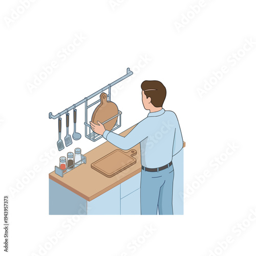 A man is cooking on a kitchen counter with various utensils.