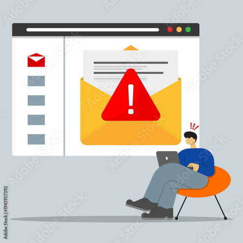 Phishing email warning on computer screen with user using laptop, representing spam message, scam email, cyber attack, and digital security threat.