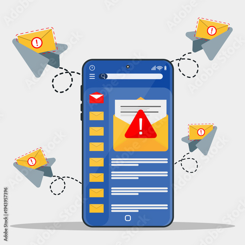 Smartphone receiving multiple phishing emails with warning sign, representing spam messages, email fraud, cyber attack, and mobile cybersecurity threat.