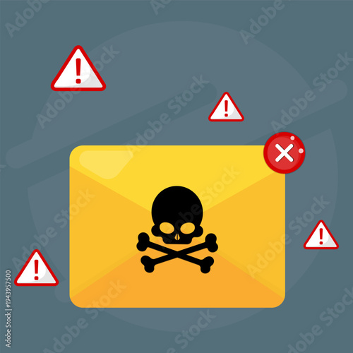 Malicious email with skull symbol and warning alerts representing phishing attack, spam message, malware threat, and cybersecurity risk in digital communication.