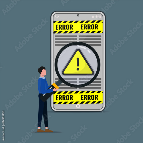 Smartphone error warning with alert symbol and magnifying glass inspection, representing system failure, mobile security issue, troubleshooting, and technology risk.