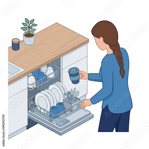 Woman loading dishwasher with dishes and cups in kitchen interior