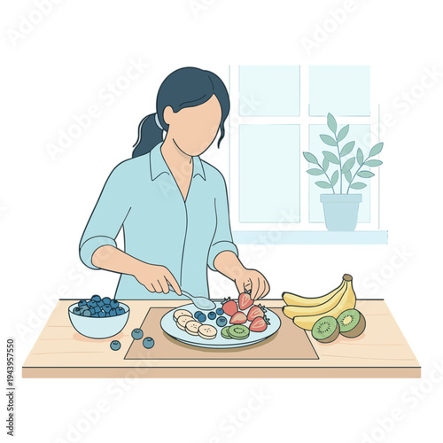 Woman preparing a colorful fruit salad with bananas, blueberries, and kiwis in a kitchen.