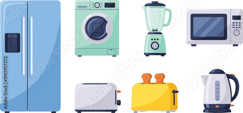 Kitchen home appliances vector set with refrigerator, washing machine, blender, microwave oven, toaster, electric kettle, and modern household devices