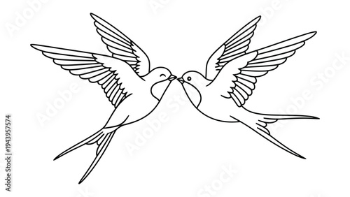 Delicate Embrace: Two swallows are captured in an intimate moment, their beaks touching in a symbol of love and affection. A pure line art of the two flying birds. 