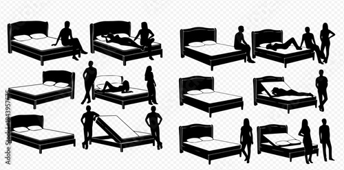 Set of black silhouettes of people in various poses with beds, isolated on a transparent background, depicting relaxation and sleep.