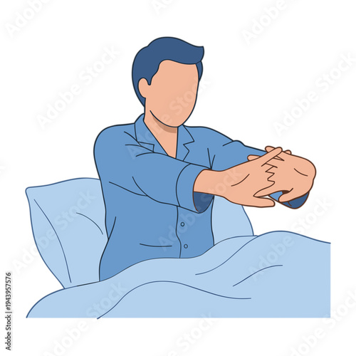 Man waking up in bed stretching hands in morning