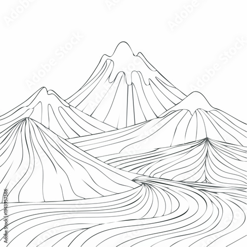 Stylized Outline Drawing of Majestic Mountains with a Flowing River