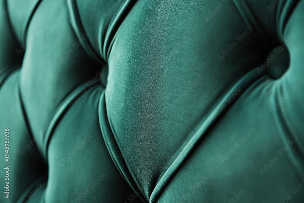 Naklejka premium Quilted vintage sofa background in emerald velour fabric with a stitched design and blurred elements in the setting